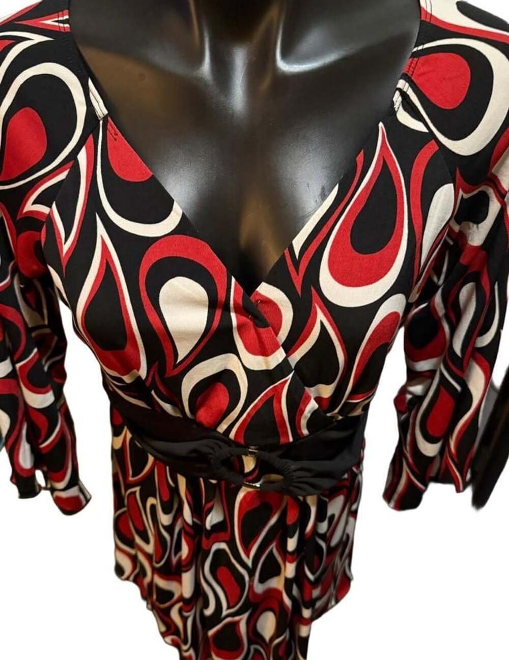 Bisou Bisou Women's Red Black Abstract Pattern Wrap Midi Dress with Belt